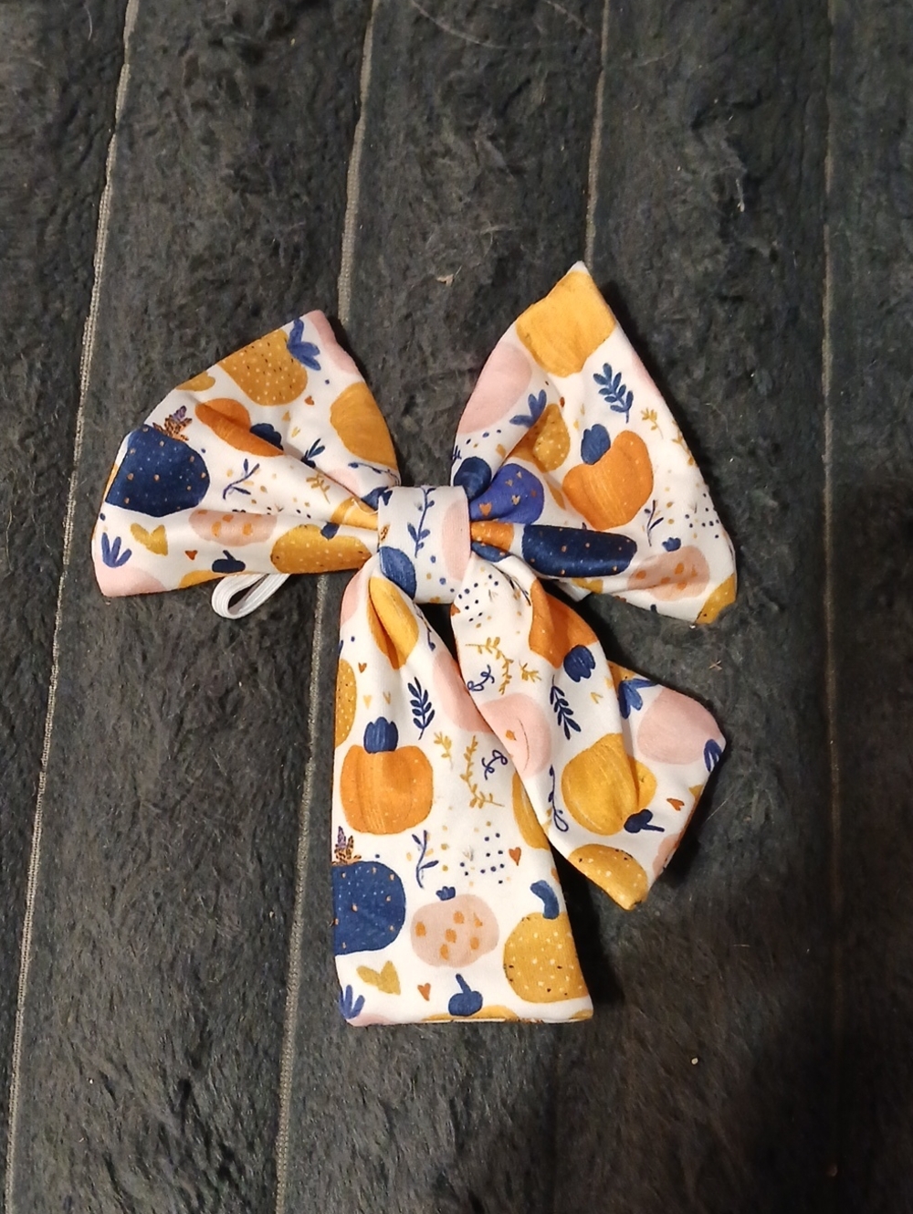 Autumn Pumpkin Print Dog Bow - Navy, Gold & Pink